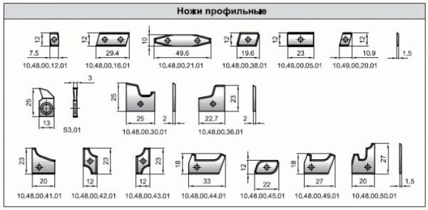 Ножевой состав универсальных комбинируемых комплектов фрез для профилирования оконных блоков со стеклопакетом (10.48.00-10.69.00)