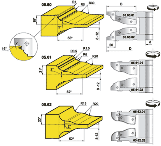 Фрезы для профилирования филёнок с фигурным фигарейным полем (05.60.XX-05.62.XX)