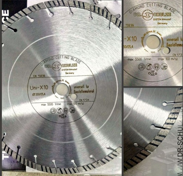 Универсальный алмазный диск для бензорезов по бетону, железобетону, кирпичу, строительным материалам d350 мм Dr.Schulze UNI-X10