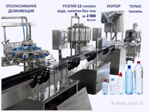 Линия розлива, воды, пива, сока, вина, молока, в пэт бутылку, 2000 бут, без газа, с газом