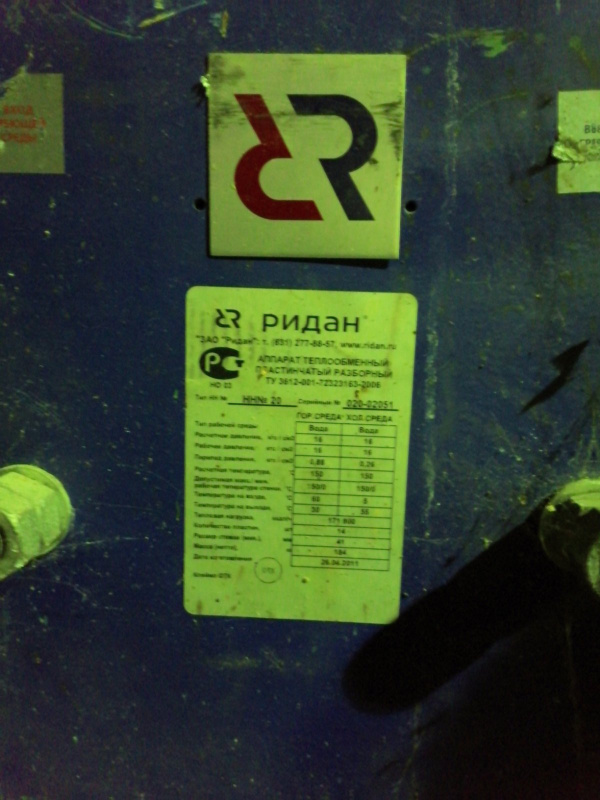 Аппарат теплообменный пластинчатый разборный НН-20 ЗАО «Ридан» тепловая ...