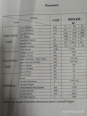 Термопластавтомат HDX 438. 1,5 кг. 438 тонн