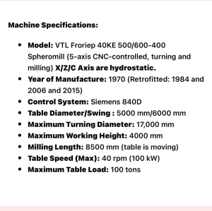 Токарно-карусельный фрезерный 5-ти осевой диам. до 17000 мм VTL FRORIEP 40KE 500