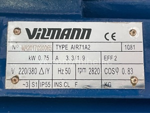 Электродвигатель Vilmann, тип АИР71А2, 0.75 кВт, 2820 об/мин (0,75квт 3000 оборотов в минуту) лапы AIR71A2