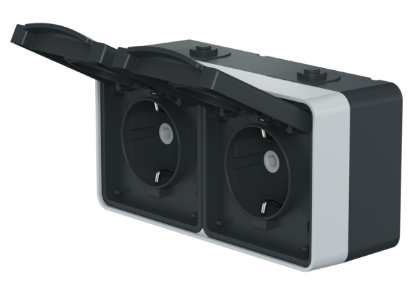 Розетка электрическая двухместная горизонтальная CADUCEUS ALING PROTECTA для открытой проводки, без шторок, с крышкой, 16А, 250В~