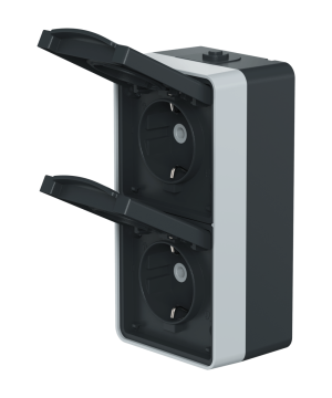 Розетка электрическая двухместная вертикальная CADUCEUS ALING PROTECTA для открытой проводки, без шторок, с крышкой, 16А, 250В~