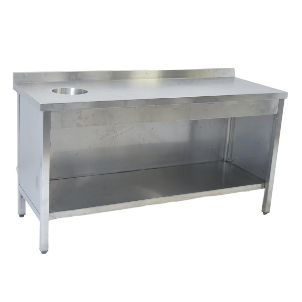 Стол-тумба из нержавеющей стали с отв. для отходов 1600х600х850 борт, полузакрытая