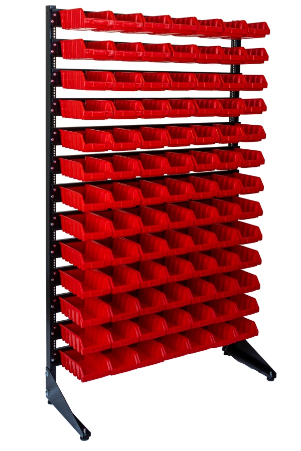 Стеллаж с навесными пластиковыми ящиками для ранения крепежа