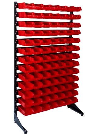 Стеллаж с навесными пластиковыми ящиками для ранения крепежа