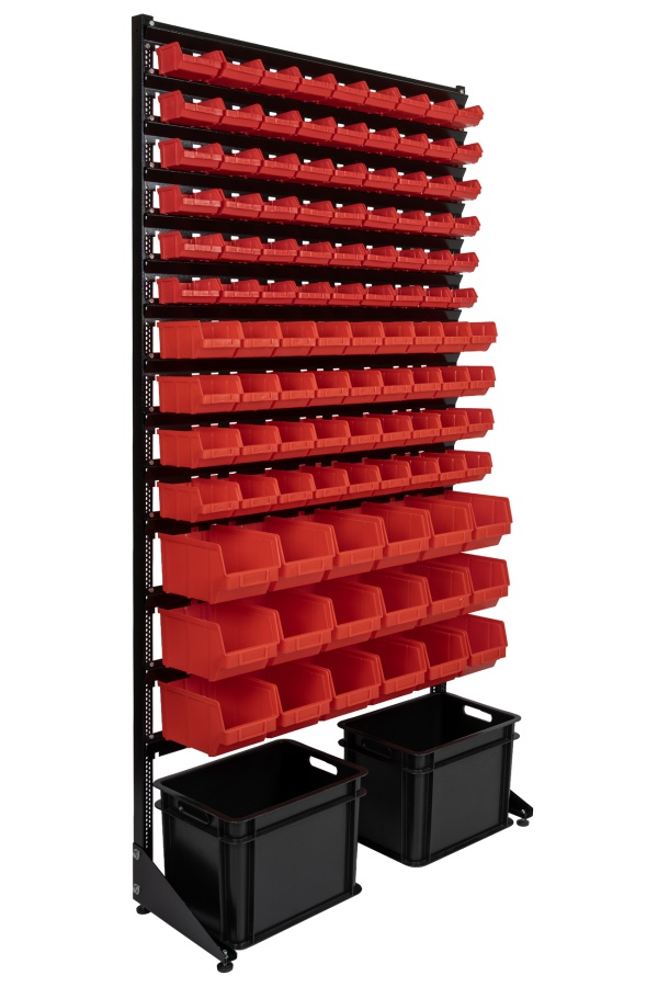 Торговый стеллаж с лотками для метизов, автокрепежа и инструментов